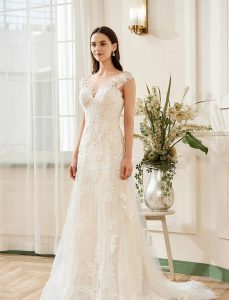 Stunning Illusion Lace Bateau Neckline With Cap Sleeve Wedding Gown