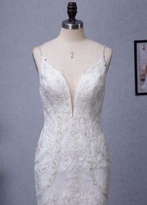 Plunging V-neck Silver Embroidered Lace Court Train Wedding Dress