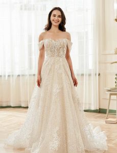Floral Lace Sweetheart Sequin Tulle Wedding Dress With Detachable Straps