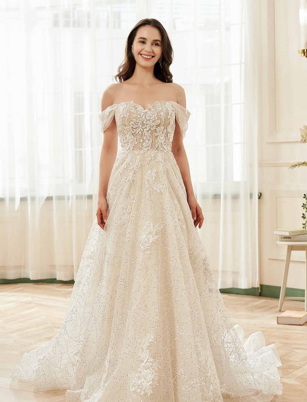 Floral Lace Sweetheart Sequin Tulle Wedding Dress With Detachable Straps