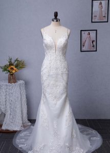 Plunging V-neck Silver Embroidered Lace Court Train Wedding Dress