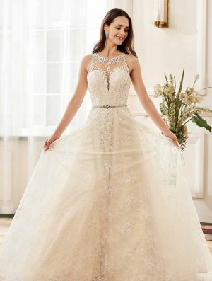 Illusion Halter Neckline Lace Tulle Bridal Gown