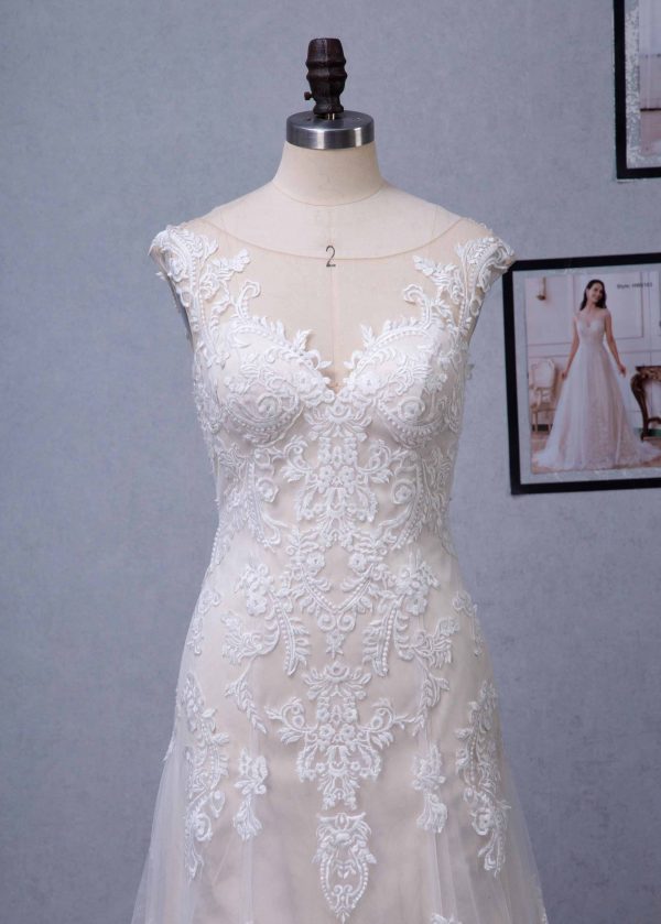 Stunning Illusion Lace Bateau Neckline With Cap Sleeve Wedding Gown