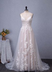 Gorgeous Blush V-neck Flower Lace A-Line Wedding Dress
