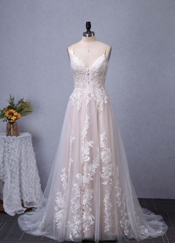 Gorgeous Blush V-neck Flower Lace A-Line Wedding Dress
