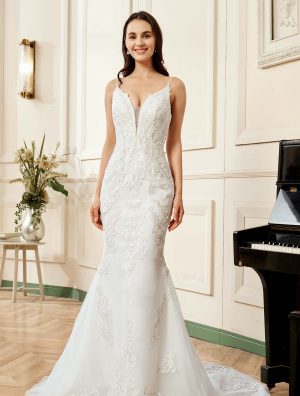 Plunging V-neck Silver Embroidered Lace Court Train Wedding Dress