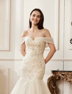 Off-the-Shoulder Mermaid Chapel Train Sequined Tulle Wedding Dress