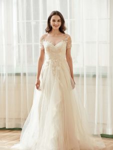 Romantic Off the Shoulder Illusion Pleated Bodice Tulle Bridal Gown