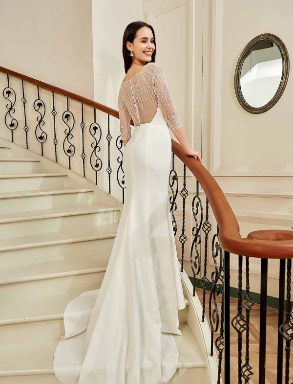 Bateau Neckline Long Train Crepe Bridal Gown With Beaded Illusion Back