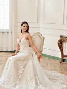 Gorgeous Blush V-neck Flower Lace A-Line Wedding Dress