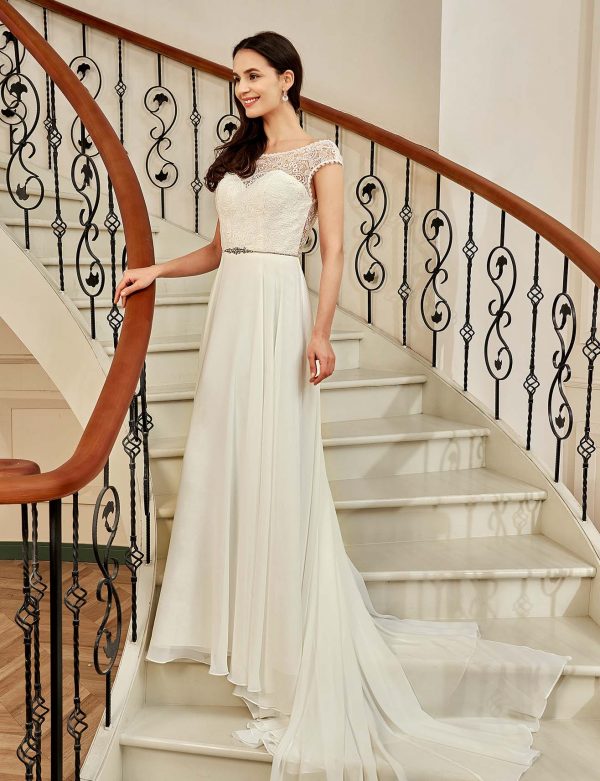 Cap Sleeve Chiffon A-Line Wedding Dress With Detachable Train