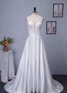 Beaded Deep V-neckline Satin A-Line Pockets Wedding Dress