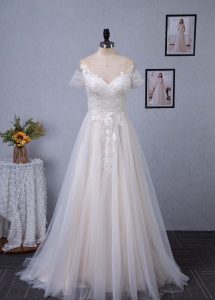 Romantic Off the Shoulder Illusion Pleated Bodice Tulle Bridal Gown