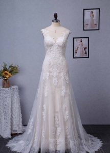 Stunning Illusion Lace Bateau Neckline With Cap Sleeve Wedding Gown