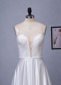 Beaded Deep V-neckline Satin A-Line Pockets Wedding Dress