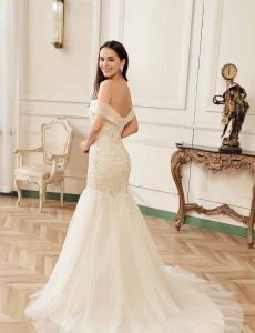 Off-the-Shoulder Mermaid Chapel Train Sequined Tulle Wedding Dress