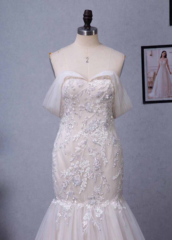 Off-the-Shoulder Mermaid Chapel Train Sequined Tulle Wedding Dress