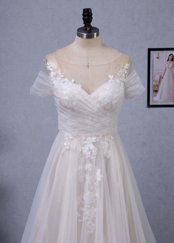 Romantic Off the Shoulder Illusion Pleated Bodice Tulle Bridal Gown