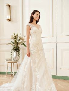 Stunning Illusion Lace Bateau Neckline With Cap Sleeve Wedding Gown