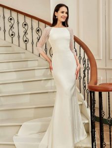 Bateau Neckline Long Train Crepe Bridal Gown With Beaded Illusion Back