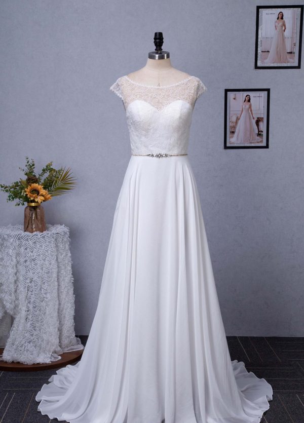 Cap Sleeve Chiffon A-Line Wedding Dress With Detachable Train