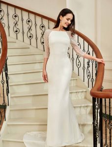 Bateau Neckline Long Train Crepe Bridal Gown With Beaded Illusion Back