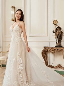 Gorgeous Blush V-neck Flower Lace A-Line Wedding Dress