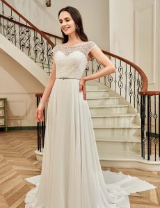 Cap Sleeve Chiffon A-Line Wedding Dress With Detachable Train