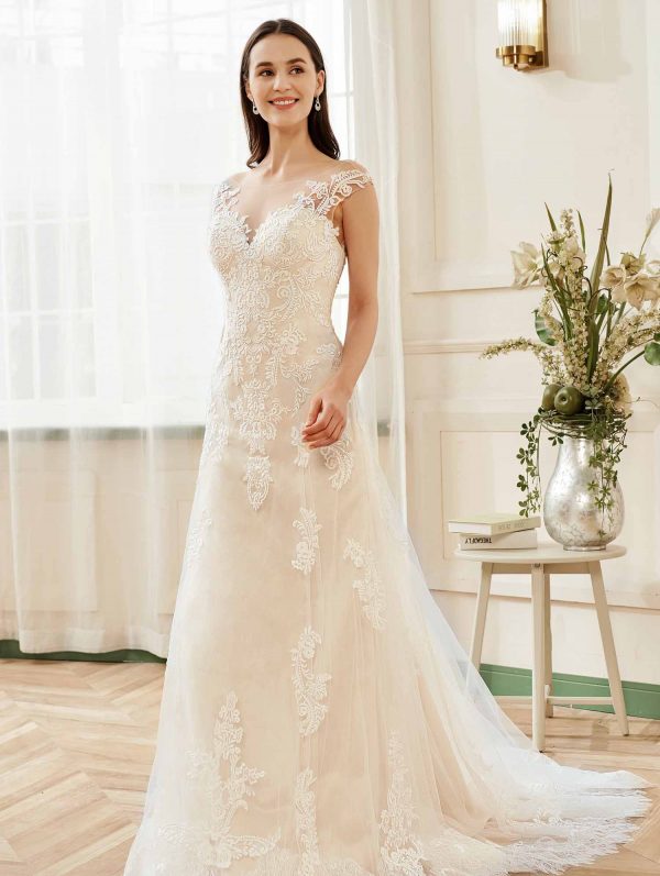 Stunning Illusion Lace Bateau Neckline With Cap Sleeve Wedding Gown
