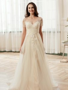 Romantic Off the Shoulder Illusion Pleated Bodice Tulle Bridal Gown