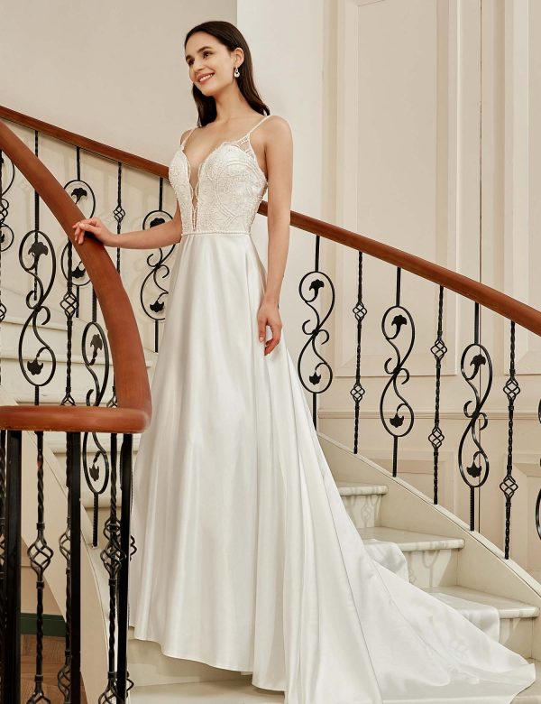 Beaded Deep V-neckline Satin A-Line Pockets Wedding Dress