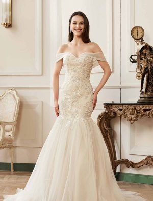 Off-the-Shoulder Mermaid Chapel Train Sequined Tulle Wedding Dress