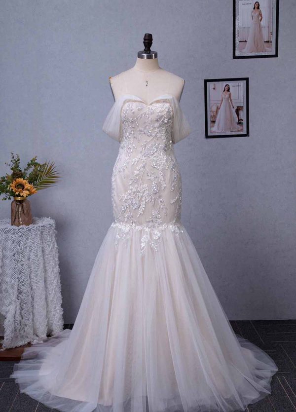 Off-the-Shoulder Mermaid Chapel Train Sequined Tulle Wedding Dress