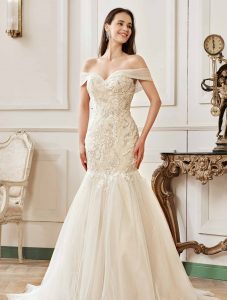 Off-the-Shoulder Mermaid Chapel Train Sequined Tulle Wedding Dress