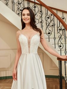 Beaded Deep V-neckline Satin A-Line Pockets Wedding Dress