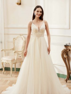 Nude Romantic Spaghetti Straps A-Line Wedding Dress