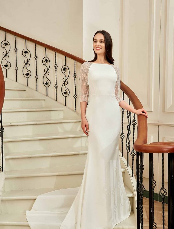 Bateau Neckline Long Train Crepe Bridal Gown With Beaded Illusion Back