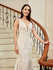 Plunging V-neckline Trumpet Wedding Dress With Detachable Overskirt