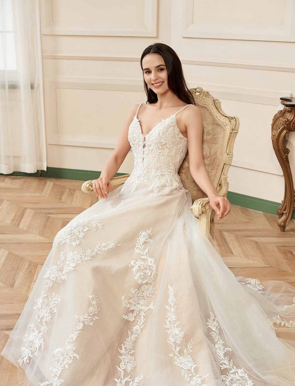 Gorgeous Blush V-neck Flower Lace A-Line Wedding Dress