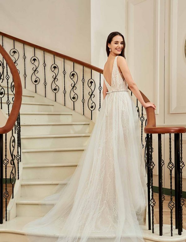 Plunging V-neckline Trumpet Wedding Dress With Detachable Overskirt