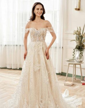 Floral Lace Sweetheart Sequin Tulle Wedding Dress With Detachable Straps