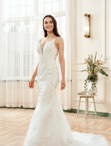 Plunging V-neck Silver Embroidered Lace Court Train Wedding Dress