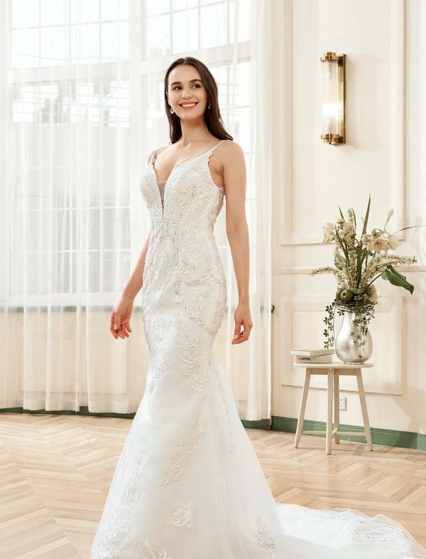 Plunging V-neck Silver Embroidered Lace Court Train Wedding Dress