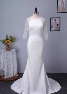 Bateau Neckline Long Train Crepe Bridal Gown With Beaded Illusion Back