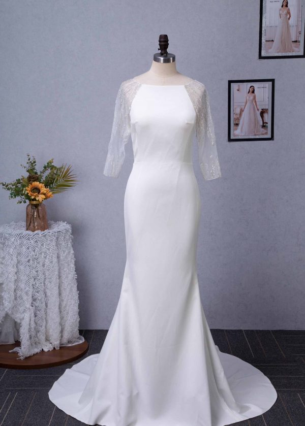 Bateau Neckline Long Train Crepe Bridal Gown With Beaded Illusion Back