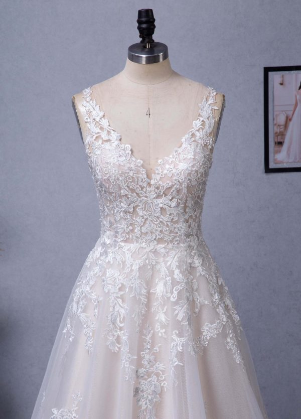 Illusion V-neckline A-Line Lace Straps Bridal Gown
