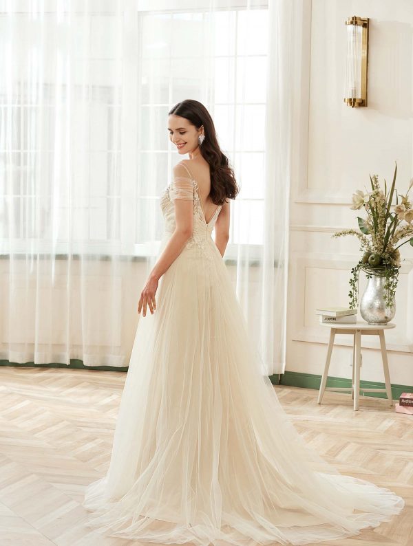 Romantic Off the Shoulder Illusion Pleated Bodice Tulle Bridal Gown