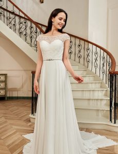 Cap Sleeve Chiffon A-Line Wedding Dress With Detachable Train