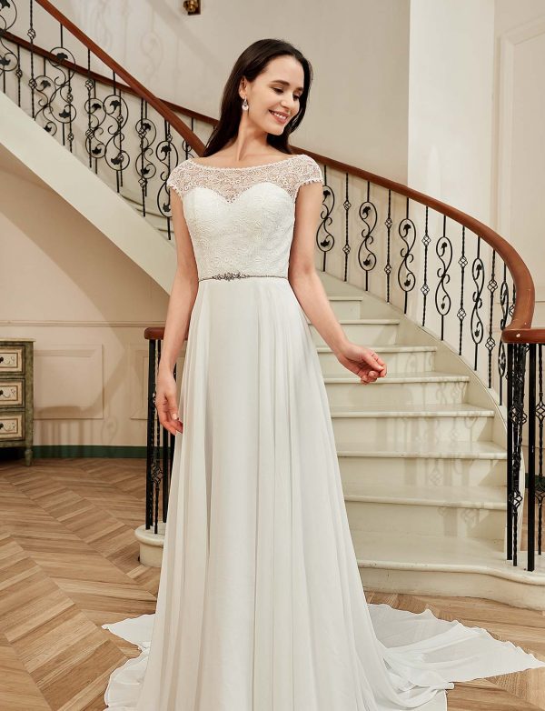 Cap Sleeve Chiffon A-Line Wedding Dress With Detachable Train