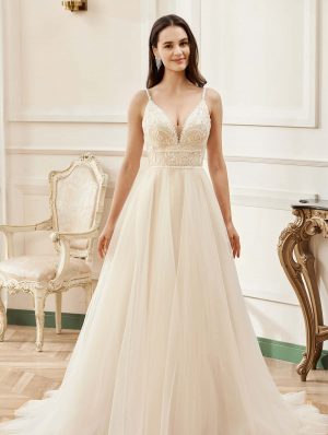 Nude Romantic Spaghetti Straps A-Line Wedding Dress